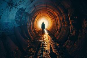 A person standing in the middle of a dark tunnel photo