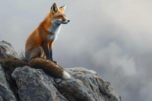 A red fox sits on top of a mountain photo