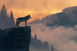 A wolf stands on a cliff overlooking the valley photo