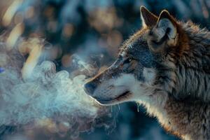 A wolf is standing in the snow with smoke coming out of its mouth photo
