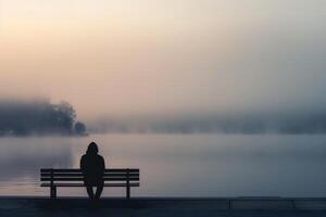 A person sitting on a bench by a lake in the fog photo