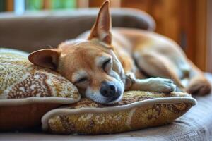 A dog sleeping on a pillow photo