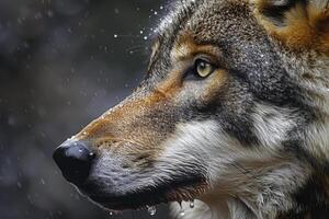 A wolf is looking into the distance in the rain photo