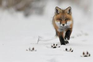 A fox running through the snow photo