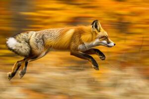 A fox running through the autumn forest photo
