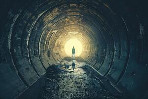 A man standing in the middle of a dark tunnel photo
