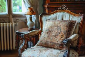 A chair with a decorative pillow in front of a window photo