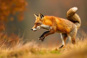 A red fox running across a field photo