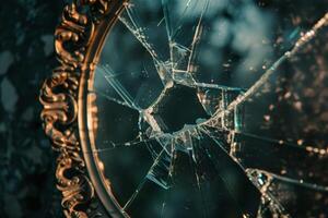 Broken mirror with shattered glass on the wall photo