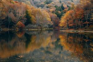 Autumn forest in the mountains with trees reflecting in the water photo