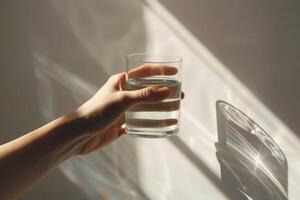 A person holding a glass of water in front of a window photo