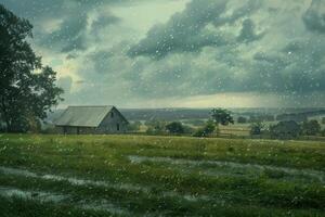 A farm in the rain with a barn and trees photo