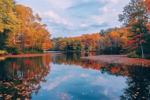 Autumn trees are reflected in a lake in the fall photo