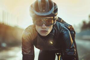 A woman wearing a helmet and goggles on a bike photo