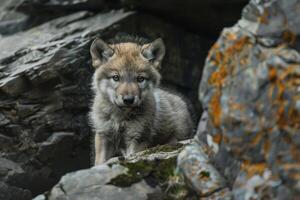 A wolf cub is sitting on a rock photo