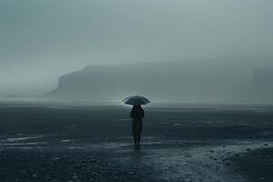 A person standing in the rain with an umbrella photo