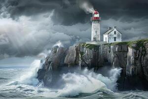 A lighthouse on a rocky cliff with waves crashing in front of it photo