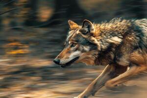 A wolf running through the woods in the fall photo