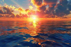 The sun is setting over the ocean in this 3d rendering photo