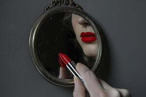 A woman with red lipstick is looking at herself in a mirror photo