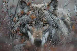 A wolf is looking at the camera in the brush photo