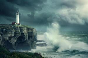 A lighthouse on a rocky cliff with waves crashing in the background photo