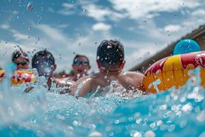 A group of people in a pool with water splashing around them photo