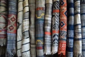 A row of blankets and blankets are displayed in a store photo