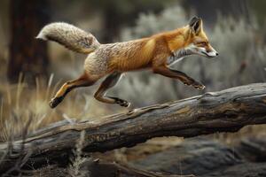 A fox running on a fallen log in the woods photo