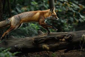 A fox jumping over a fallen log photo