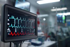 A monitor with ecg on it in a hospital photo