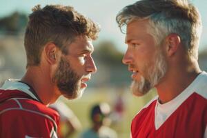 Two men talking on the field with one wearing a beard photo
