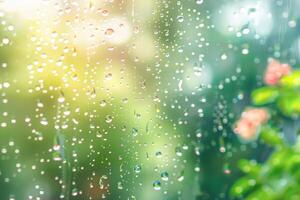Raindrops on the window, blurred background photo