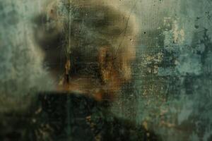 A blurry image of a man standing in front of a dirty window photo