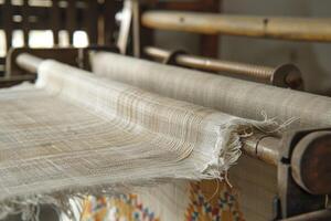 A close up of a weaving machine with a piece of fabric photo