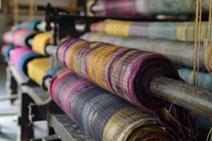 A large roll of yarn is being rolled on a machine photo
