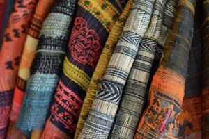 A row of colorful scarves hanging on a rack photo