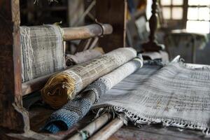 A weaving machine with several rolls of fabric photo