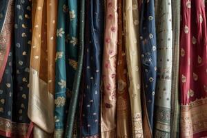 A row of colorful saris hanging on a rack photo