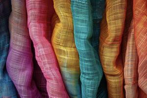 A row of colorful fabric hanging on a wall photo