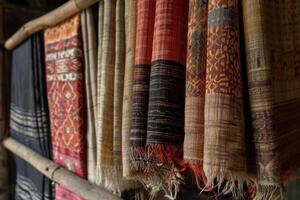 A display of colorful fabrics hanging on a wooden rack photo
