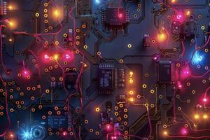 A computer motherboard with many lights on it photo