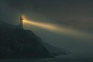 A lighthouse is lit up by the sun on a foggy day photo
