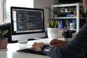A man is working on a computer with code on it photo