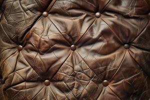 Close up of a brown leather sofa with buttons photo