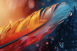 A close up of a colorful feather on a water droplet photo