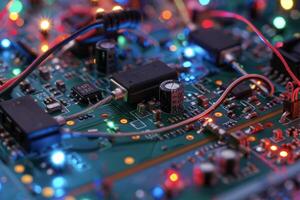 Electronic components on a circuit board with colorful lights photo