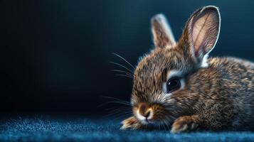 A small brown rabbit is sitting on a blue carpet photo
