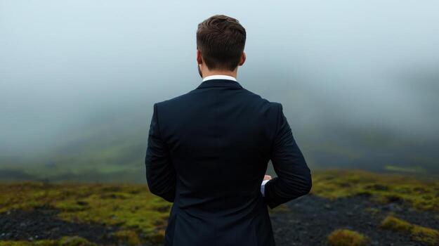 A man in a suit standing on a mountain top photo