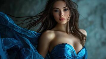 A beautiful woman in a blue dress photo